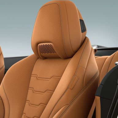 BMW M850i xDrive, מושב מרובה תפקודים עם צווארון אוויר, ריפוד עור ‘Merino’ בגוון Cognac. BMW M850i xDrive, מושב מרובה תפקודים עם קולר אוויר, ריפוד עור ‘Merino’ בגוון Cognac.