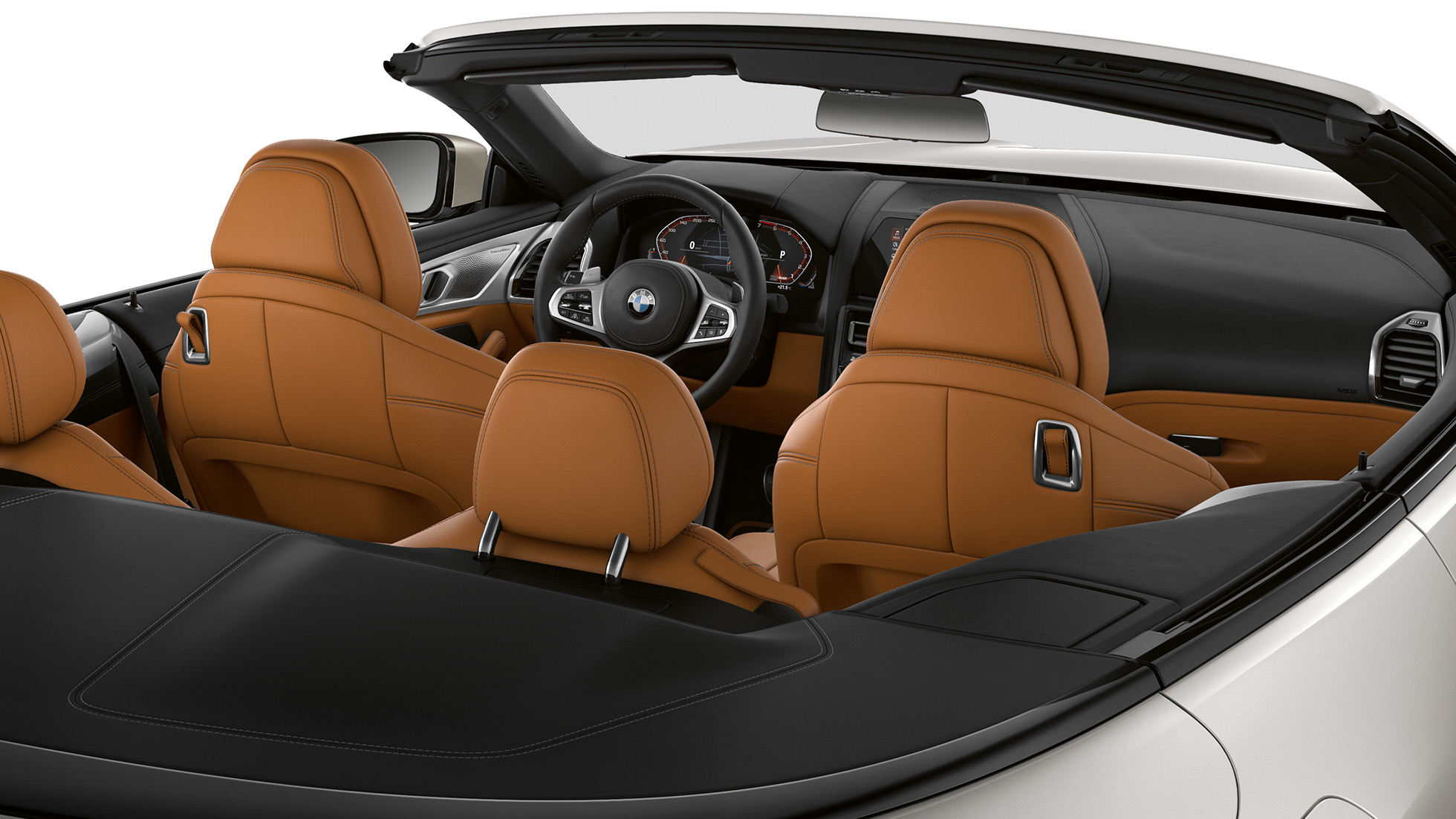 BMW M850i xDrive, תא נוסעים עם גג רך פתוח. BMW M850i xDrive, תא נוסעים עם גג רך פתוח.