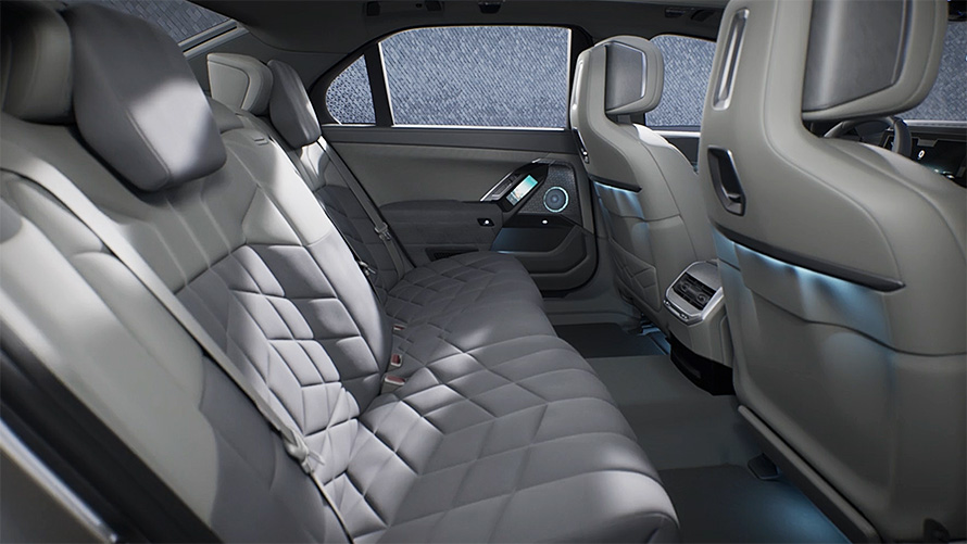 BMW i7 Sedan G70 סרטון "טרקלין VIP פרטי" BMW i7 Sedan G70 "טרקלין VIP פרטי" במושבים האחוריים בסרטון
