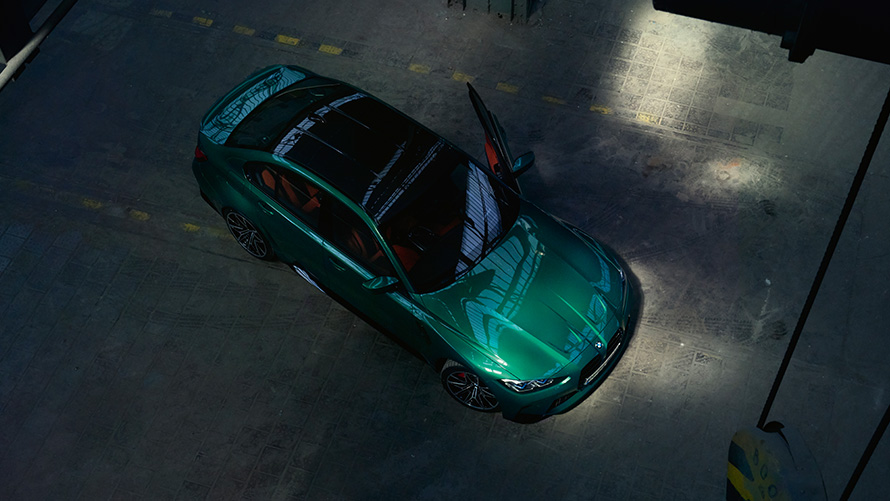 BMW M3 Sedan G80 2020 bird’s-eye view BMW M3 Sedan G80 2020 Isle of Man Green metallic bird’s-eye view carbon roof