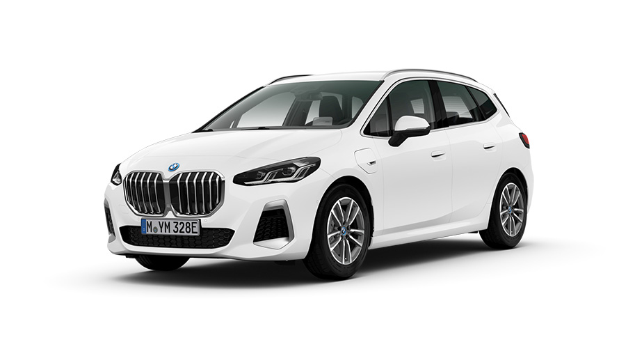 BMW 230e xDrive Active Tourer PHEV car three-quarter front view BMW 230e xDrive Active Tourer PHEV car studio shot three-quarter front view
