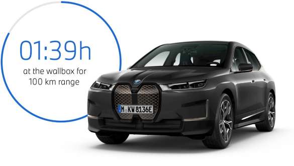 BMW iX i20 2021 electric SUV BMW iX xDrive40 Sophisto Grey three-quarter front view with charging time graphic